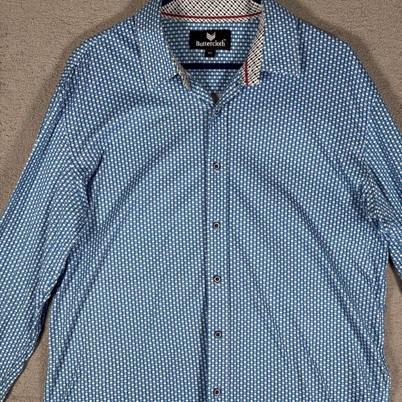 ButterCloth Mens Button Down Shirt Size XL Blue White Geometric‎ Flipcuff Preppy - Picture 3 of 13